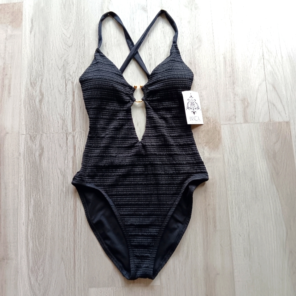 NEW BECCA One Piece Swimsuit Plunge Neckline Knit Strappy Sexy Black Gold Large